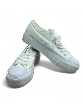 Women's white canvas low top sneakers with thick sole and rubber toe cap, New